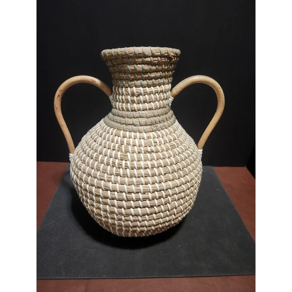 Handmade Woven Wicker Storage Basket with Handles, Rustic Round, Beige Brown